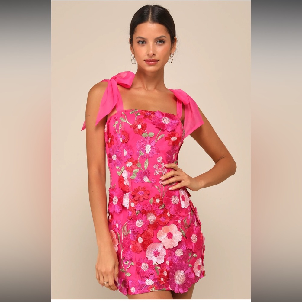 NWT Lulus Emphatically Adorable Hot Pink Floral Tie-Strap Mini Dress L, XXL